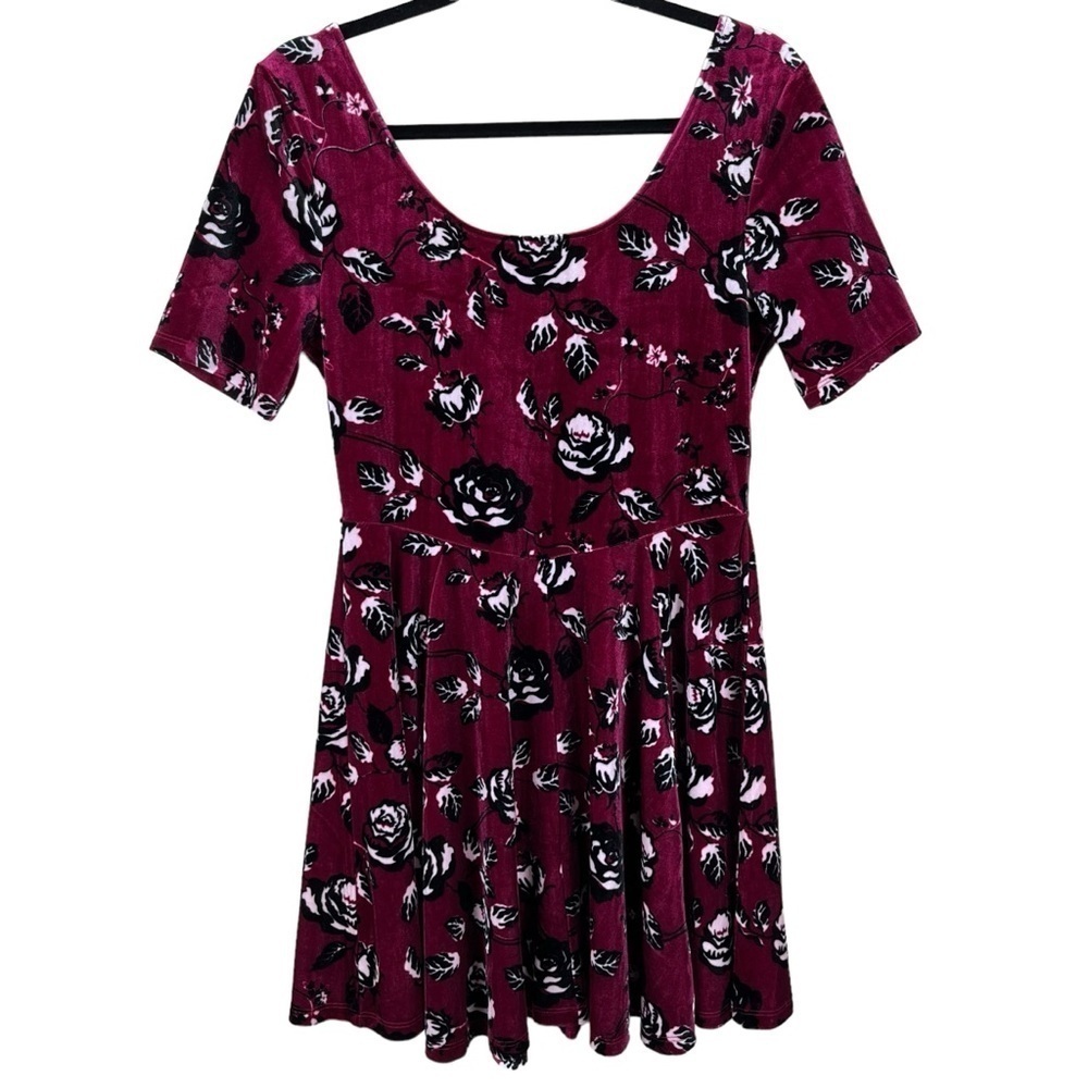 Velvet Burgundy Skater Dress with Black and White Roses Size Large